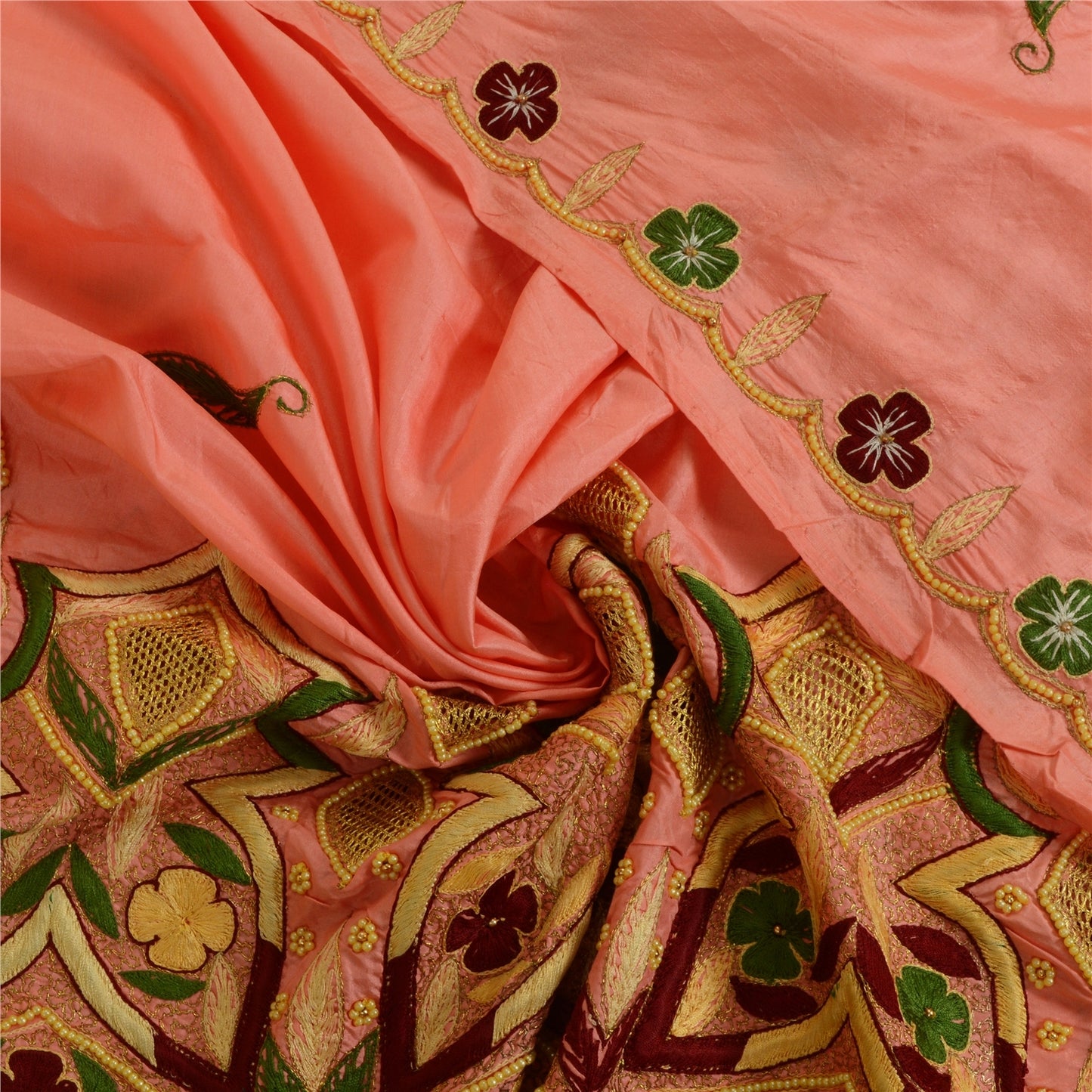 Sanskriti Vintage Peach Indian Dupatta Pure Silk Hand Beaded Pearl Beads Stole