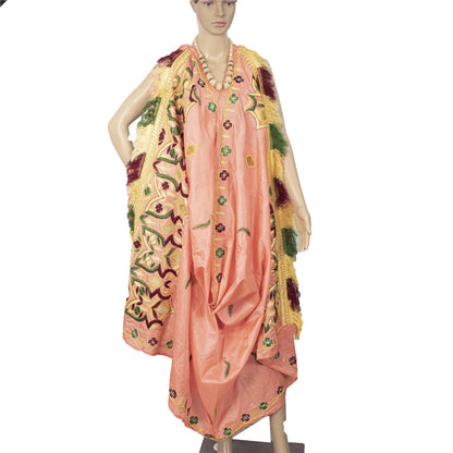 Sanskriti Vintage Peach Indian Dupatta Pure Silk Hand Beaded Pearl Beads Stole