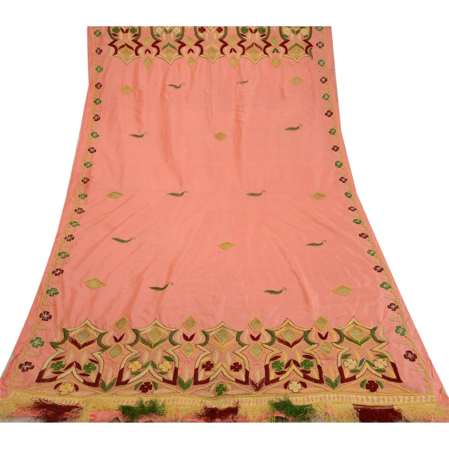 Sanskriti Vintage Peach Indian Dupatta Pure Silk Hand Beaded Pearl Beads Stole