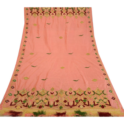 Sanskriti Vintage Peach Indian Dupatta Pure Silk Hand Beaded Pearl Beads Stole