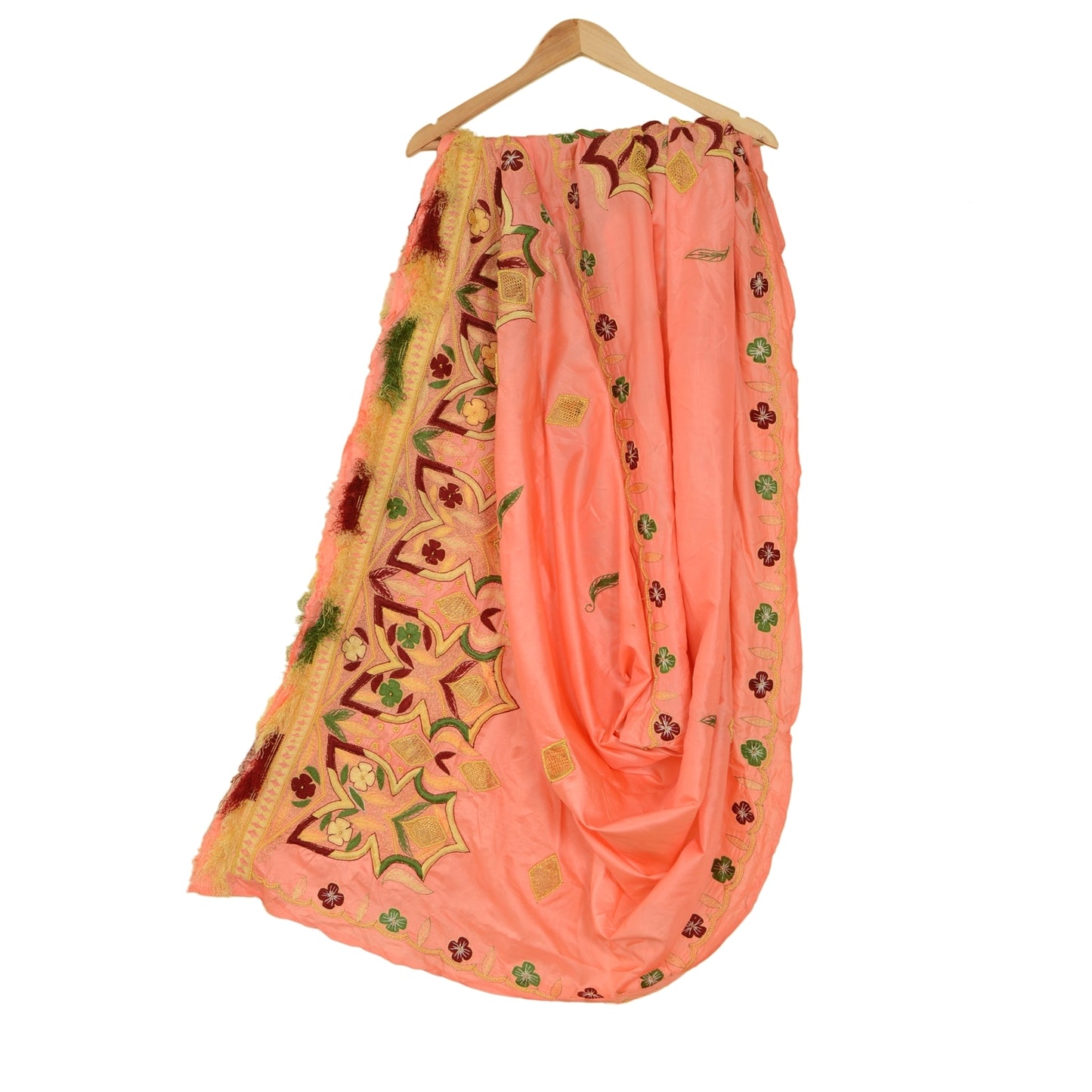 Sanskriti Vintage Peach Indian Dupatta Pure Silk Hand Beaded Pearl Beads Stole