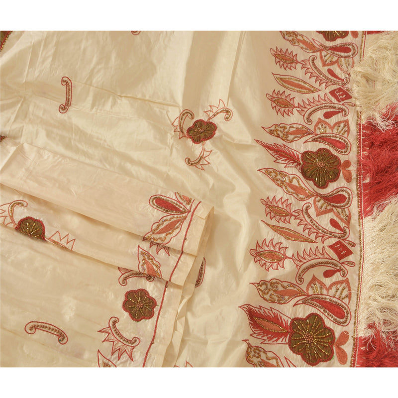 Sanskriti Vintage Elfenben Lang Dupatta 100% Ren Silke Stola Håndperlet Slør