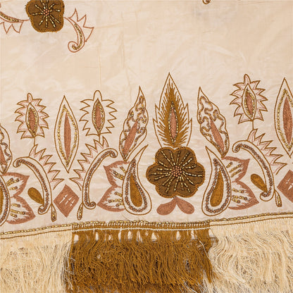 Sanskriti Vintage Ivory Dupatta Pure Silk Stole Hand Beaded Zari Work Women  For Dressmaking,Craft Supplies,Upcyclers,Decor