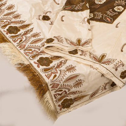 Sanskriti Vintage Ivory Dupatta Pure Silk Stole Hand Beaded Zari Work Women  For Dressmaking,Craft Supplies,Upcyclers,Decor