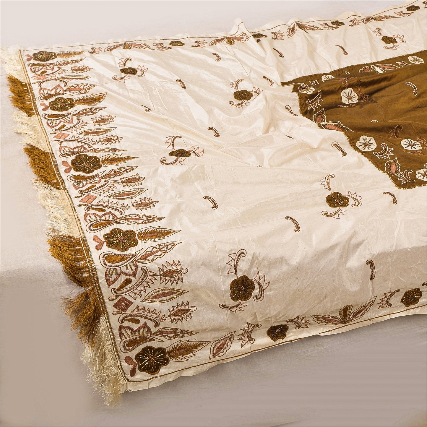 Sanskriti Vintage Ivory Dupatta Pure Silk Stole Hand Beaded Zari Work Women  For Dressmaking,Craft Supplies,Upcyclers,Decor