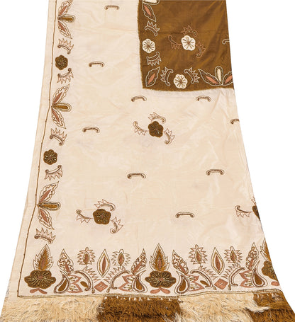 Sanskriti Vintage Ivory Dupatta Pure Silk Stole Hand Beaded Zari Work Women  For Dressmaking,Craft Supplies,Upcyclers,Decor