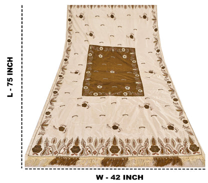 Sanskriti Vintage Ivory Dupatta Pure Silk Stole Hand Beaded Zari Work Women  For Dressmaking,Craft Supplies,Upcyclers,Decor