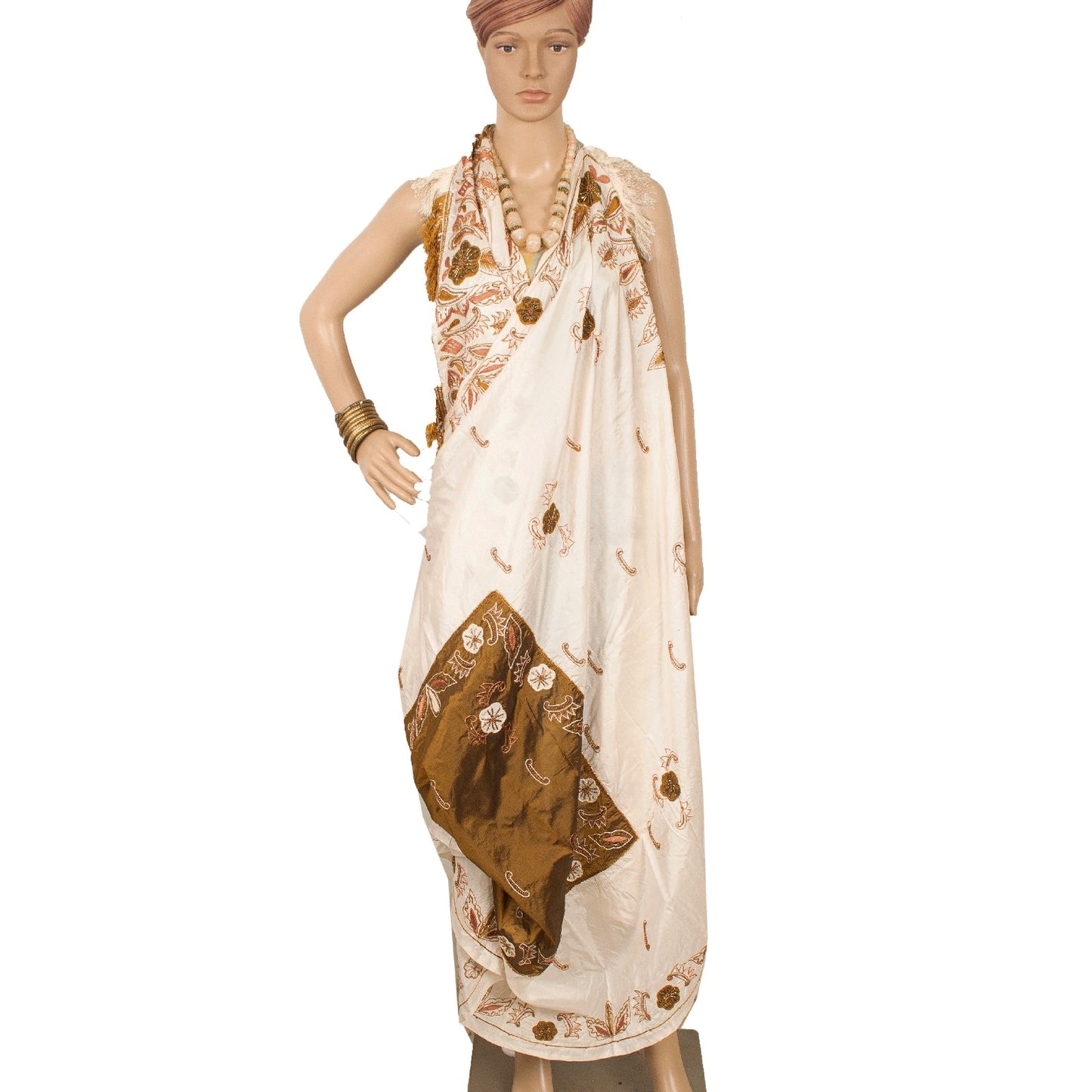 Sanskriti Vintage Ivory Dupatta Pure Silk Stole Hand Beaded Zari Work Women  For Dressmaking,Craft Supplies,Upcyclers,Decor
