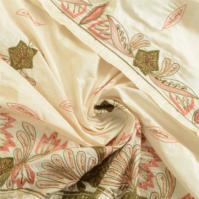 Sanskriti Vintage Dupatta Ivory Pure Silk Stole Hand Bead Zari Fabric Patch Work Veil Ethnic Veil Home Decor, Sewing, Upcycling, Projects
