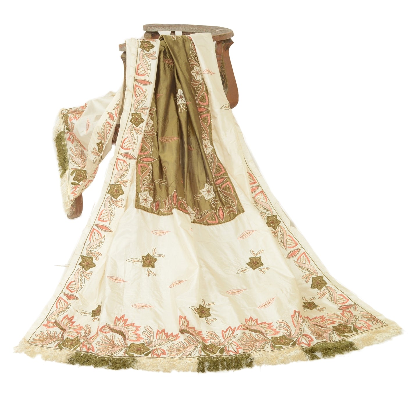 Sanskriti Vintage Dupatta Ivory Pure Silk Stole Hand Bead Zari Veil Ethnic Veil