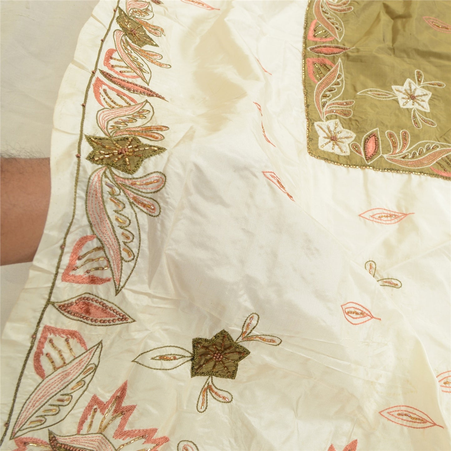 Sanskriti Vintage Dupatta Ivory Pure Silk Stole Hand Bead Zari Veil Ethnic Veil