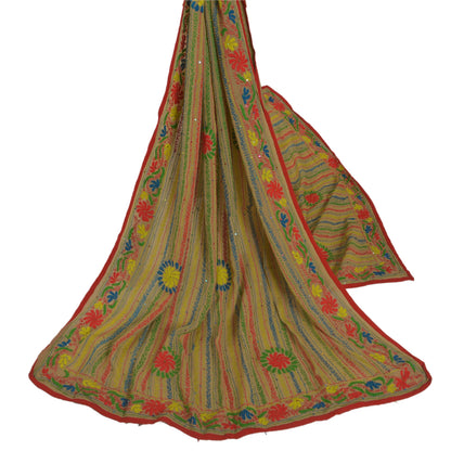 Sanskriti New Beige Phulkari Hand Embroidery Dupatta/Stole Pure Georgette Veil