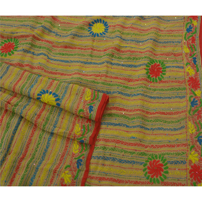 Sanskriti New Beige Phulkari Hand Embroidery Dupatta/Stole Pure Georgette Veil