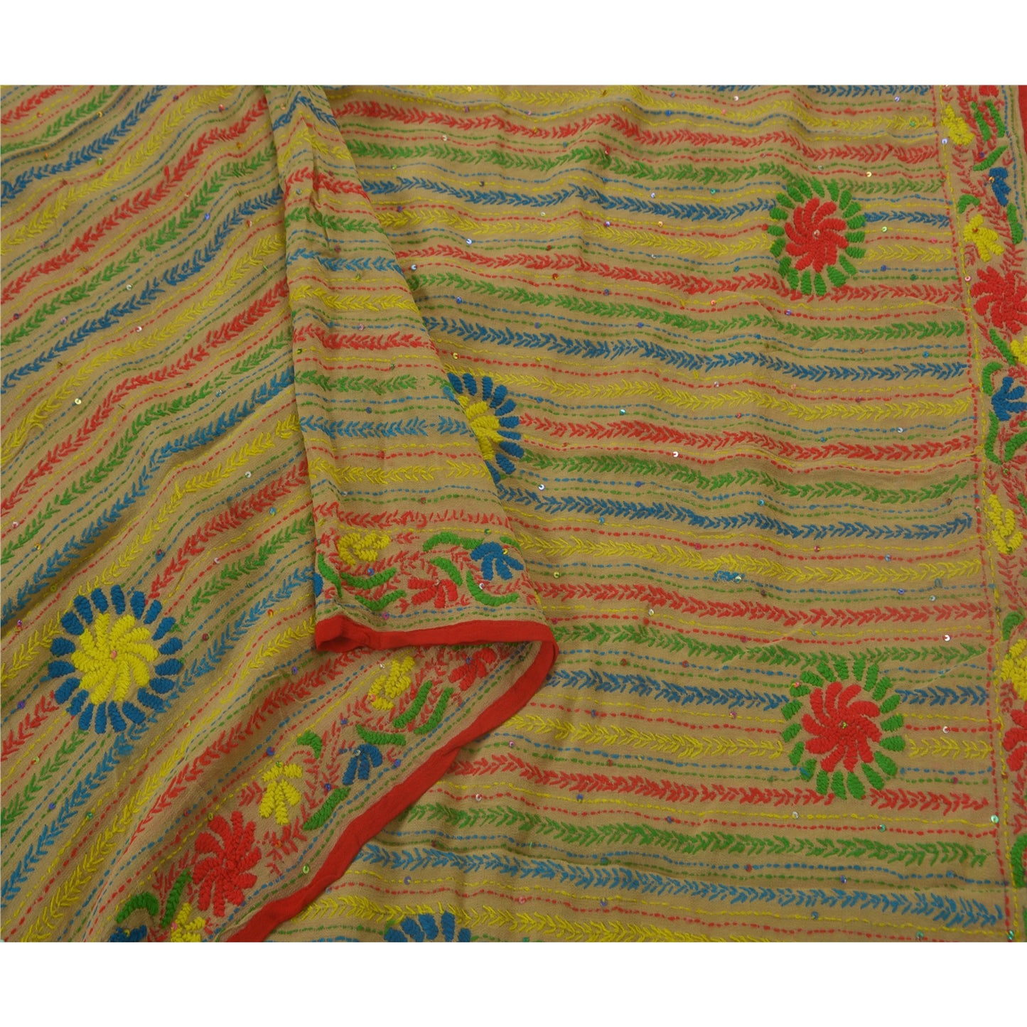 Sanskriti New Beige Phulkari Hand Embroidery Dupatta/Stole Pure Georgette Veil