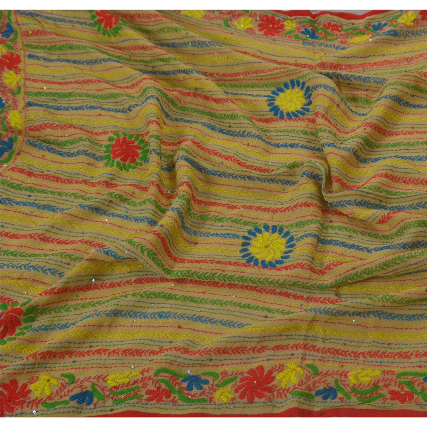 Sanskriti New Beige Phulkari Hand Embroidery Dupatta/Stole Pure Georgette Veil