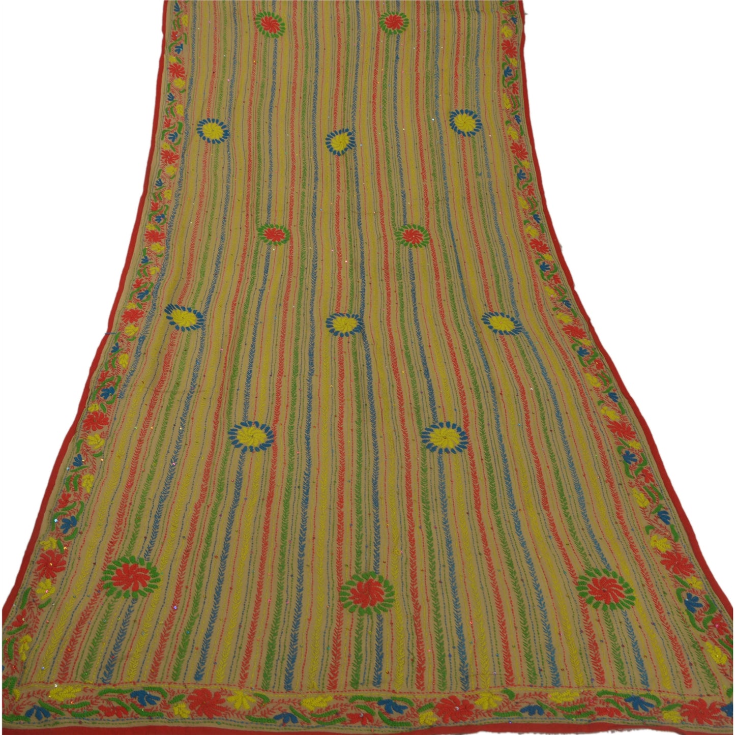 Sanskriti New Beige Phulkari Hand Embroidery Dupatta/Stole Pure Georgette Veil