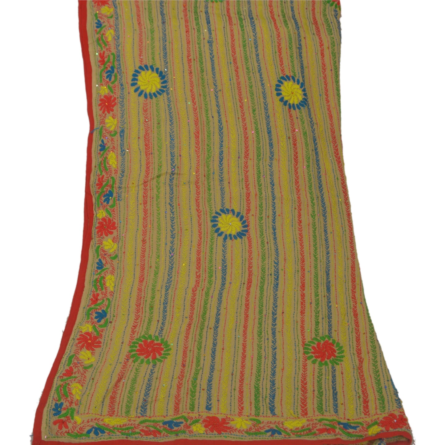 Sanskriti New Beige Phulkari Hand Embroidery Dupatta/Stole Pure Georgette Veil