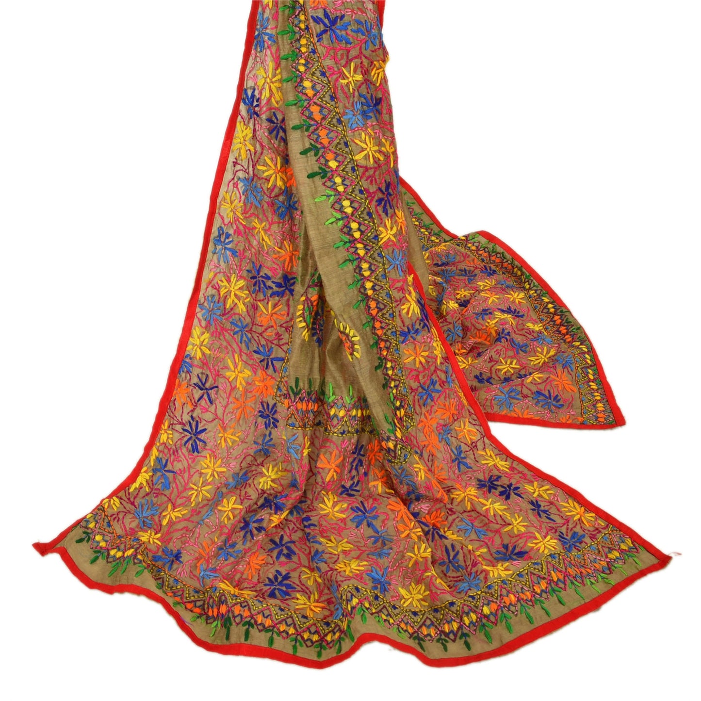 Sanskriti New Dupatta Hand Embroidered Painted Kantha Stole Cotton Cream Veil