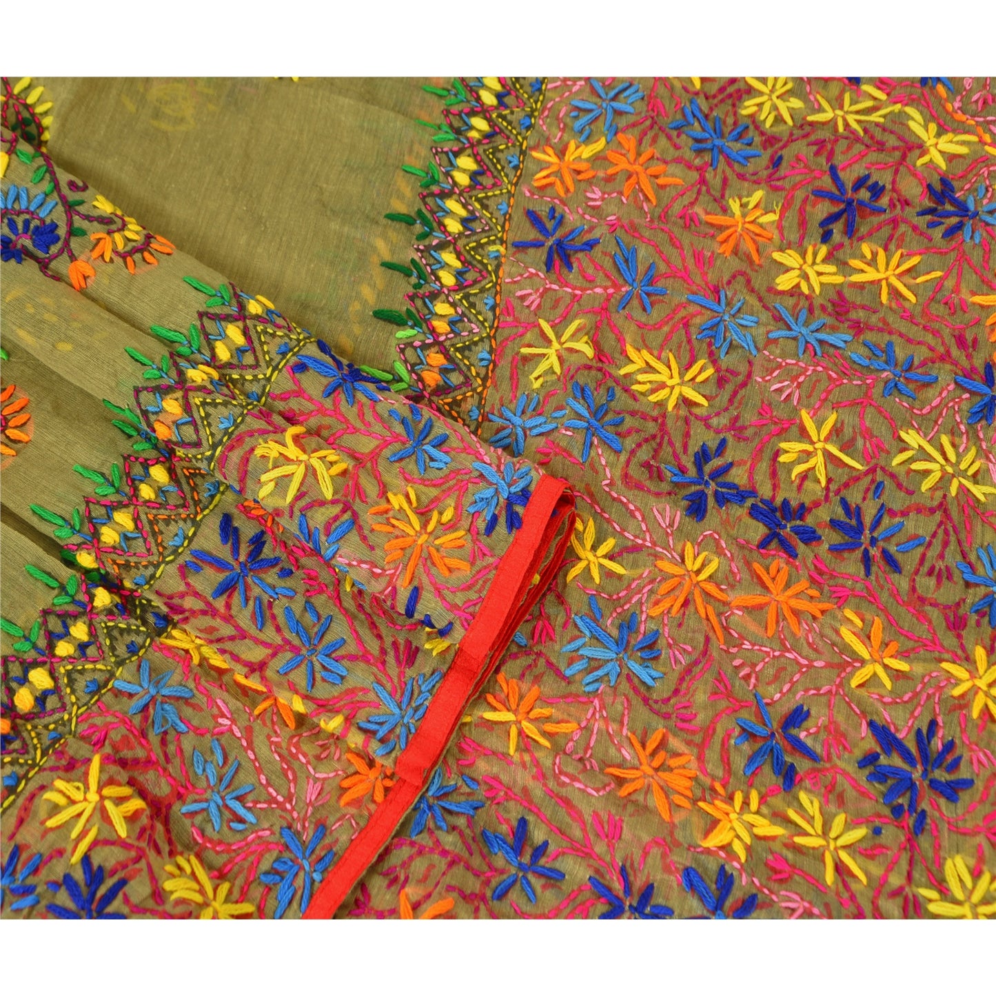 Sanskriti New Dupatta Hand Embroidered Painted Kantha Stole Cotton Cream Veil