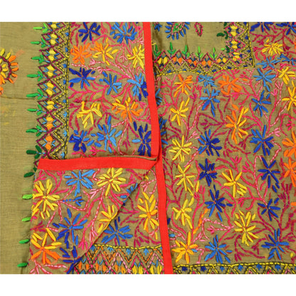 Sanskriti New Dupatta Hand Embroidered Painted Kantha Stole Cotton Cream Veil