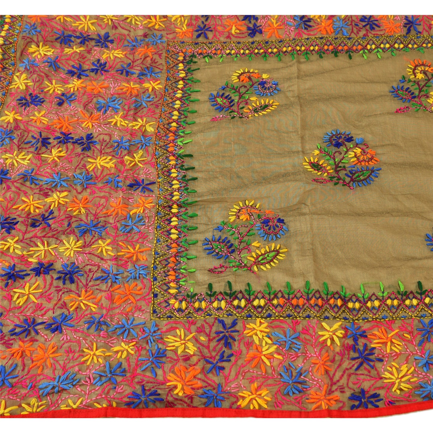 Sanskriti New Dupatta Hand Embroidered Painted Kantha Stole Cotton Cream Veil
