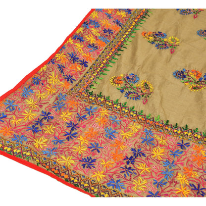 Sanskriti New Dupatta Hand Embroidered Painted Kantha Stole Cotton Cream Veil