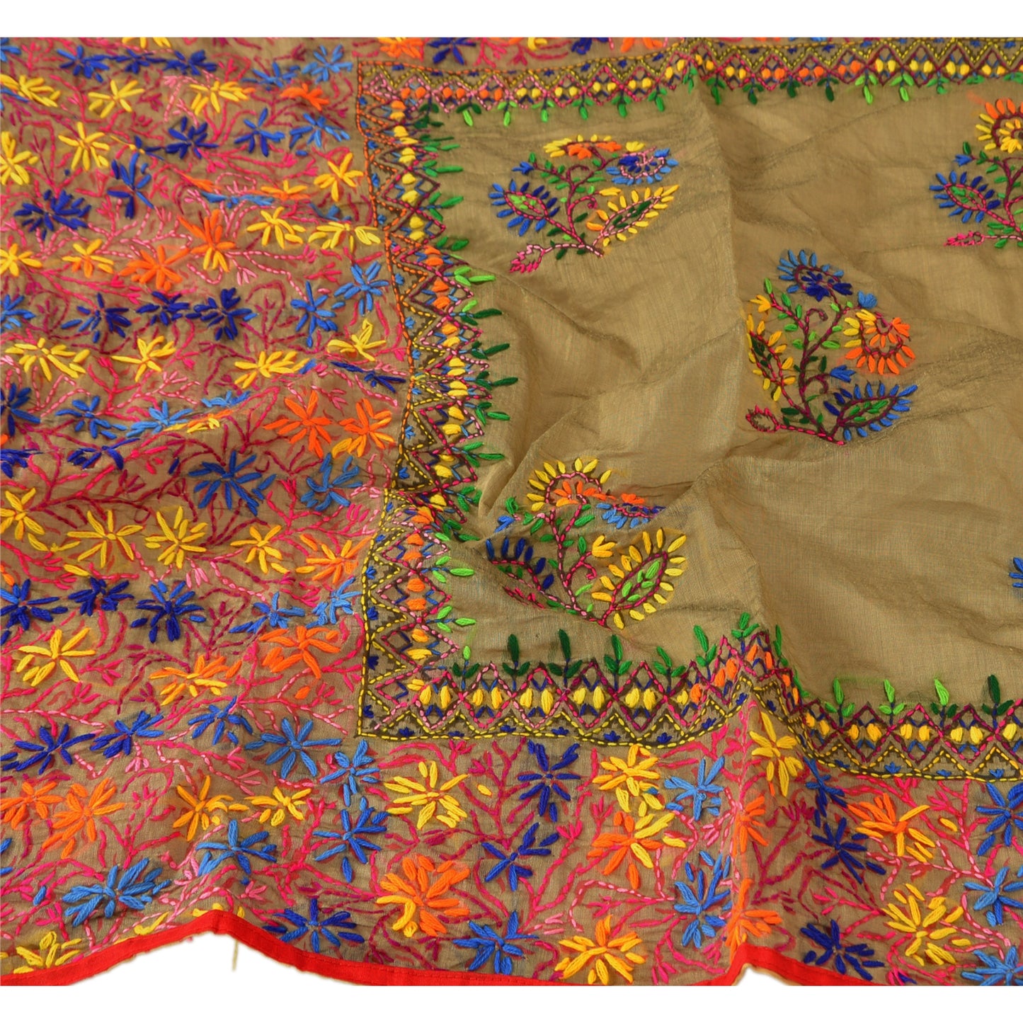 Sanskriti New Dupatta Hand Embroidered Painted Kantha Stole Cotton Cream Veil