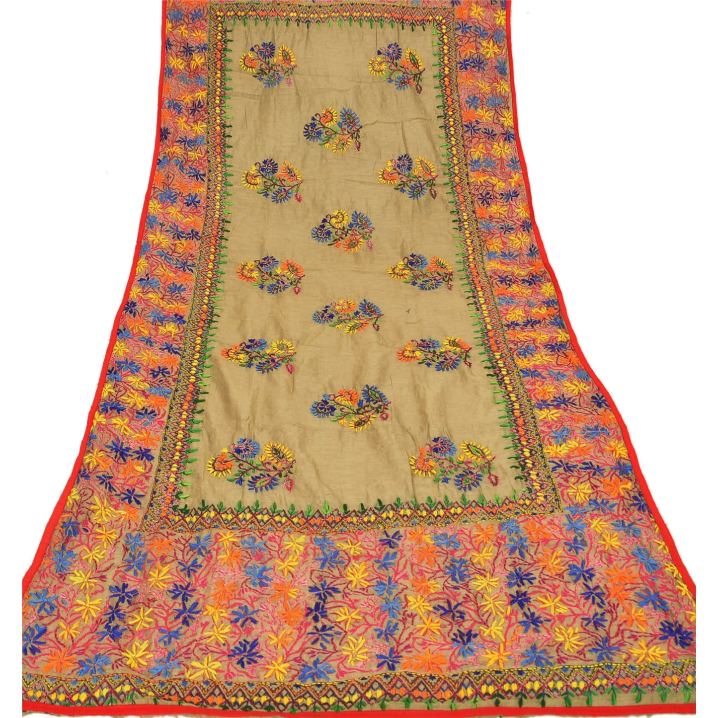 Sanskriti New Dupatta Hand Embroidered Painted Kantha Stole Cotton Cream Veil