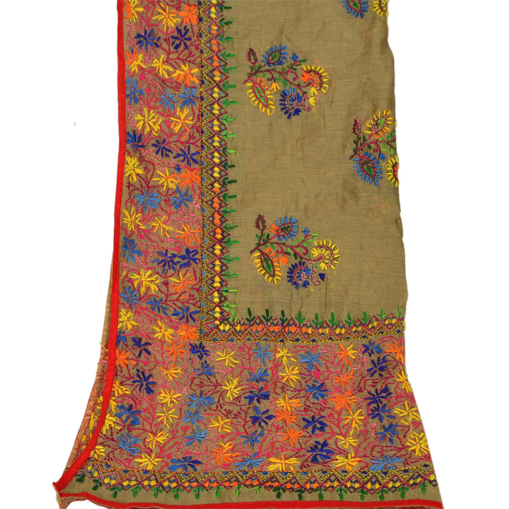 Sanskriti New Dupatta Hand Embroidered Painted Kantha Stole Cotton Cream Veil