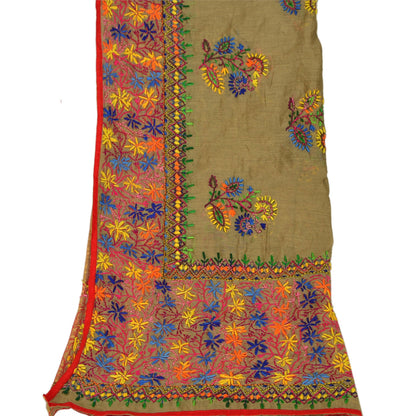 Sanskriti New Dupatta Hand Embroidered Painted Kantha Stole Cotton Cream Veil