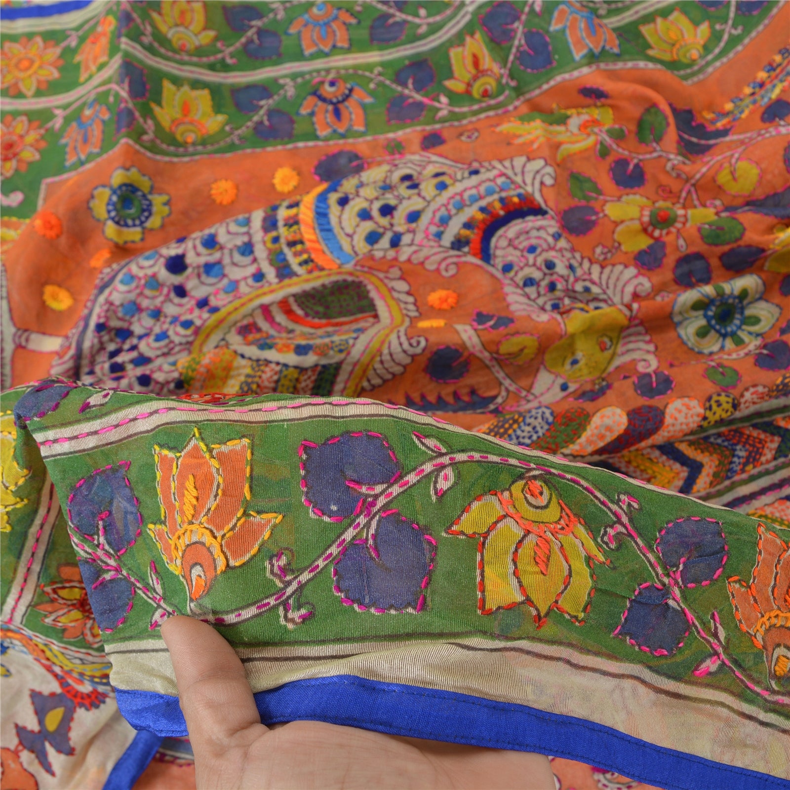 Sanskriti Vintage Cream Long Dupatta Stole Chanderi Hand Embroidered Kantha Veil