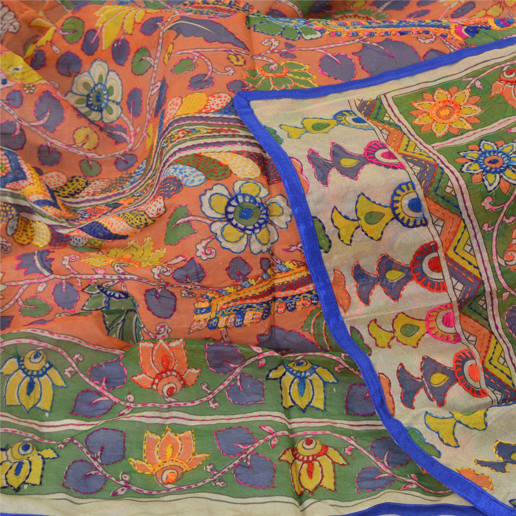 Sanskriti Vintage Cream Long Dupatta Stole Chanderi Hand Embroidered Kantha Veil