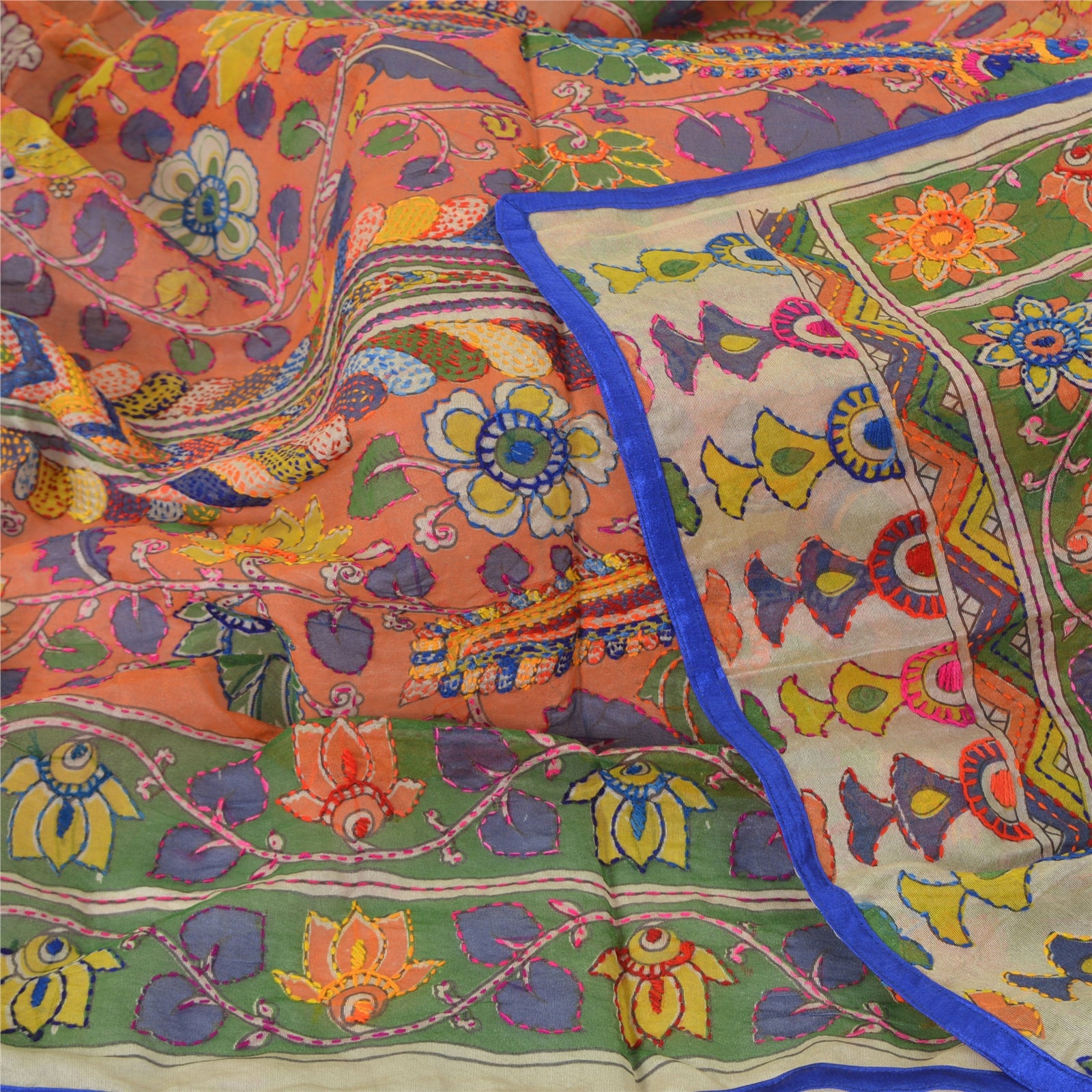 Sanskriti Vintage Cream Long Dupatta Stole Chanderi Hand Embroidered Kantha Veil