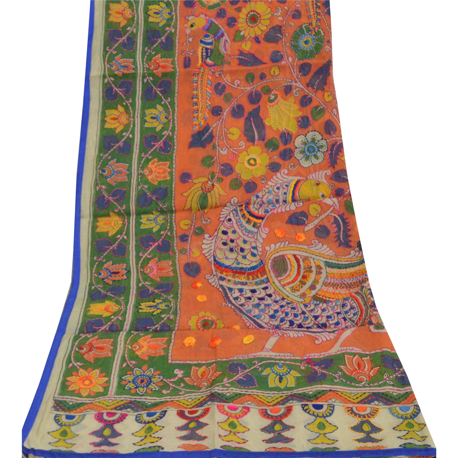 Sanskriti Vintage Cream Long Dupatta Stole Chanderi Hand Embroidered Kantha Veil