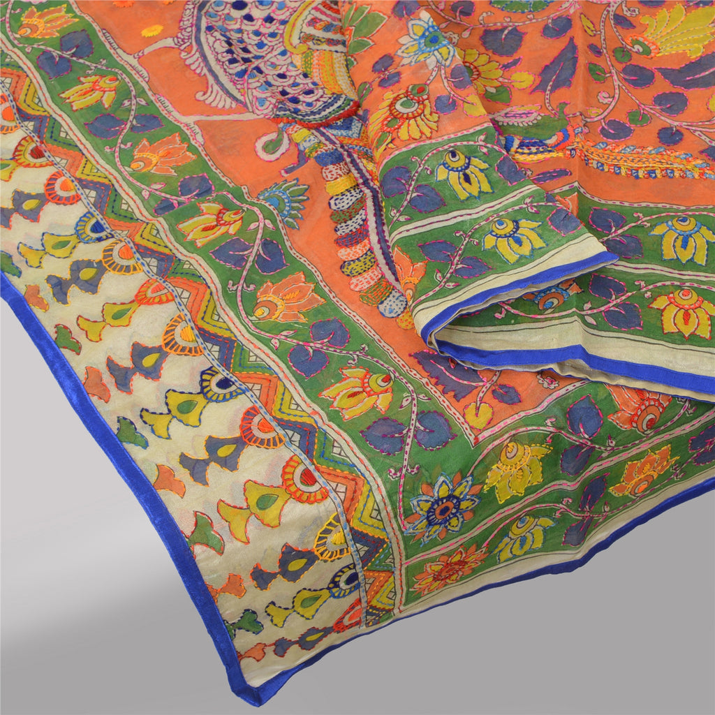 Sanskriti Vintage Cream Long Dupatta Stole Chanderi Hand Embroidered Kantha Veil