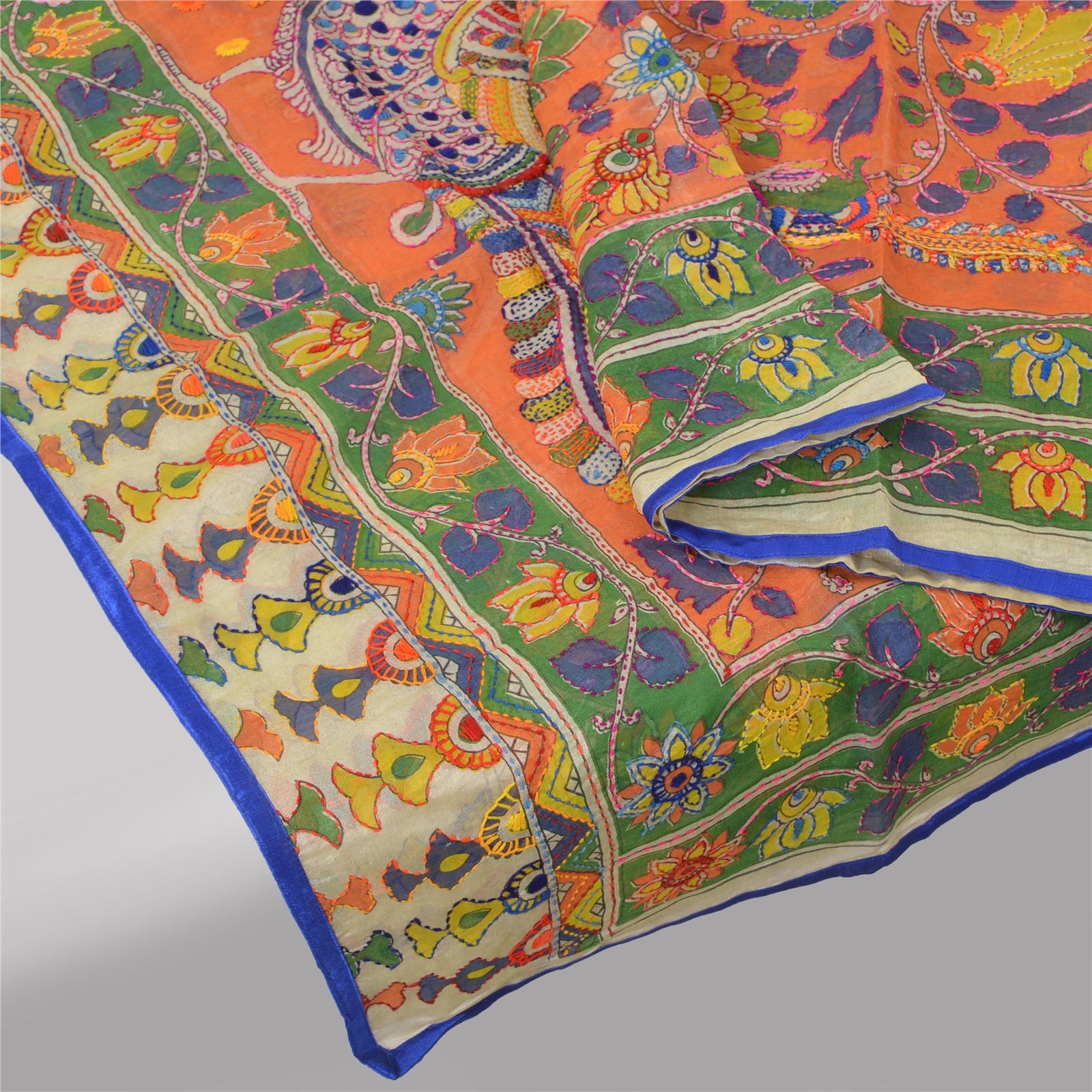 Sanskriti Vintage Cream Long Dupatta Stole Chanderi Hand Embroidered Kantha Veil