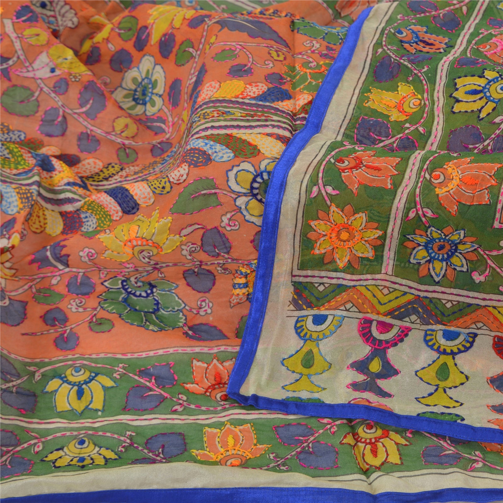 Sanskriti Vintage Cream Long Dupatta Stole Chanderi Hand Embroidered Kantha Veil