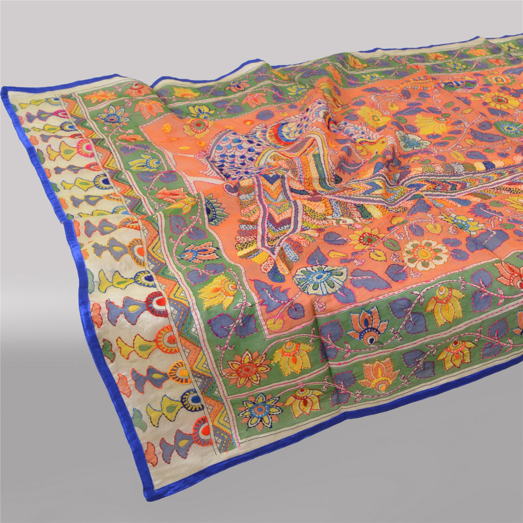 Sanskriti Vintage Cream Long Dupatta Stole Chanderi Hand Embroidered Kantha Veil