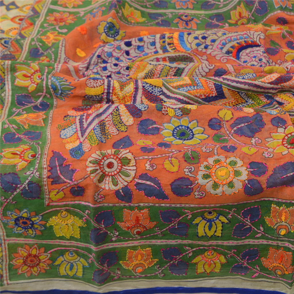 Sanskriti Vintage Cream Long Dupatta Stole Chanderi Hand Embroidered Kantha Veil