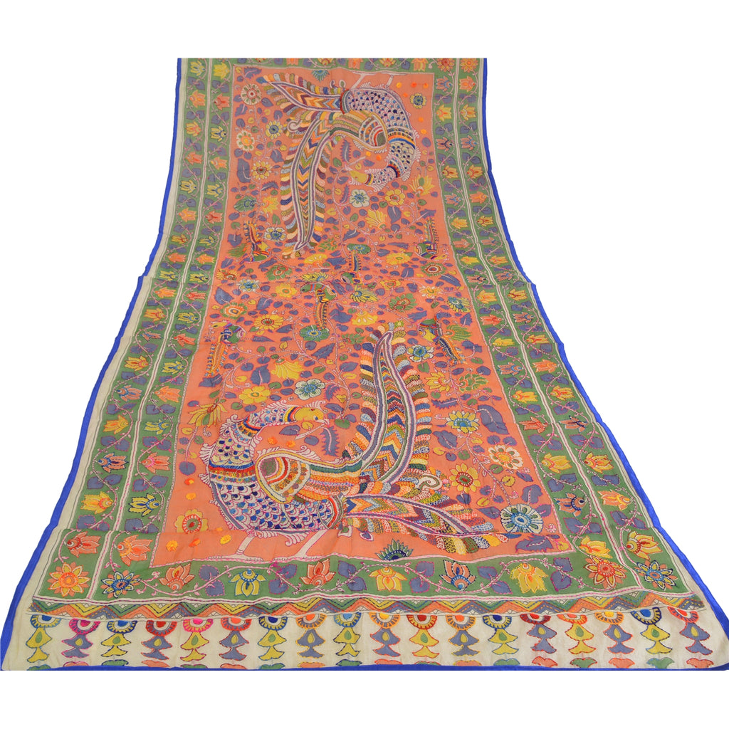 Sanskriti Vintage Cream Long Dupatta Stole Chanderi Hand Embroidered Kantha Veil