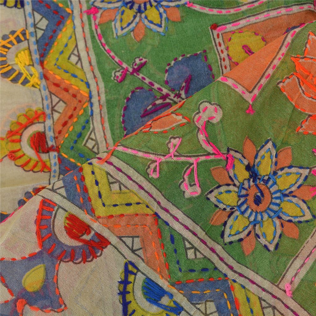 Sanskriti Vintage Cream Long Dupatta Stole Chanderi Hand Embroidered Kantha Veil