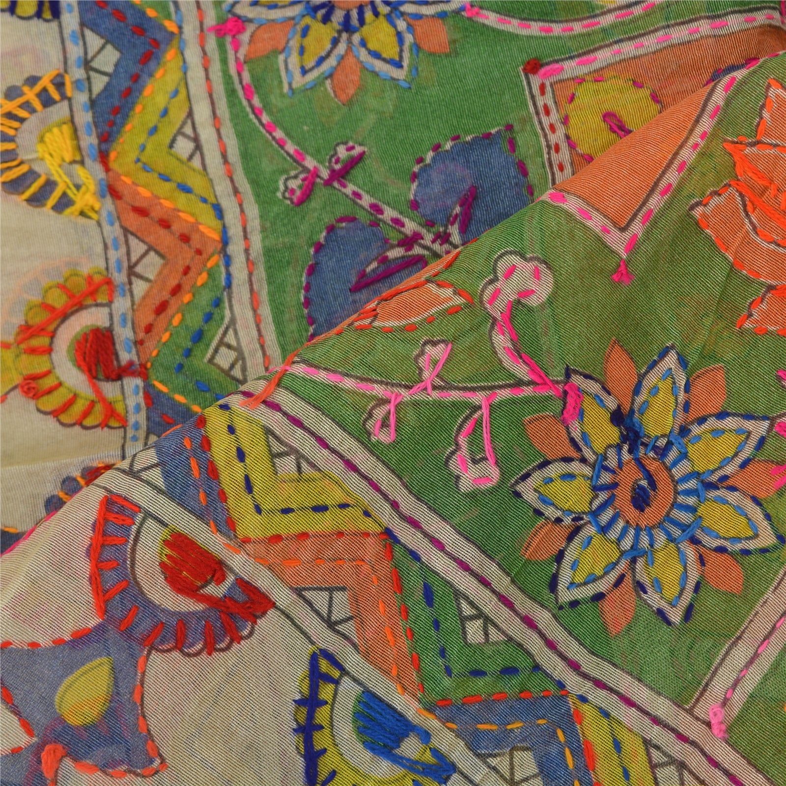 Sanskriti Vintage Cream Long Dupatta Stole Chanderi Hand Embroidered Kantha Veil