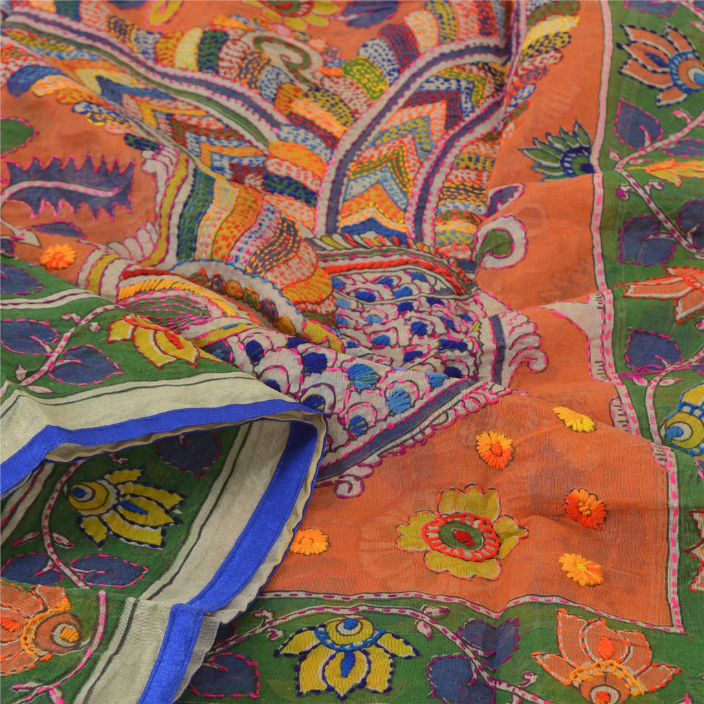 Sanskriti Vintage Cream Long Dupatta Stole Chanderi Hand Embroidered Kantha Veil