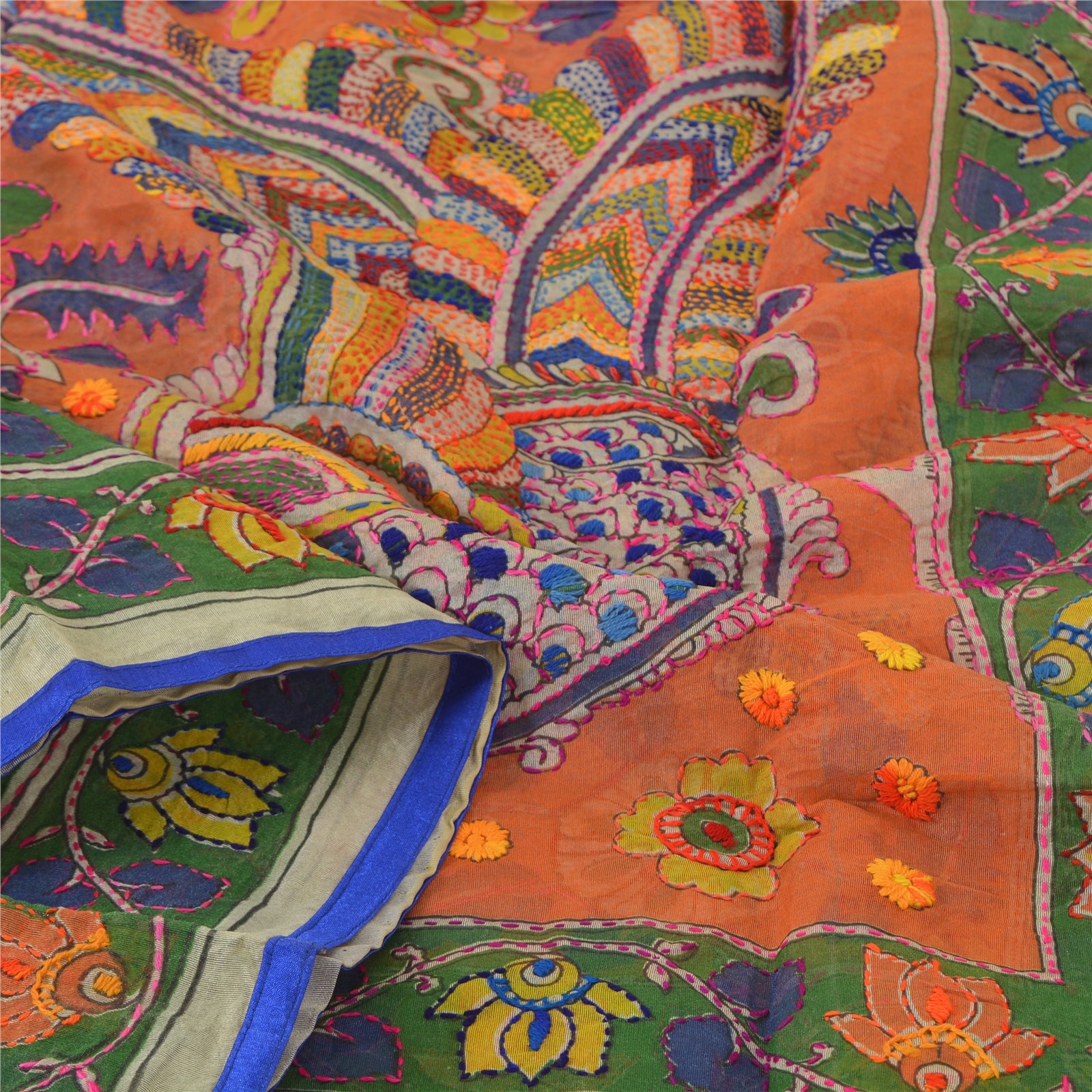 Sanskriti Vintage Cream Long Dupatta Stole Chanderi Hand Embroidered Kantha Veil