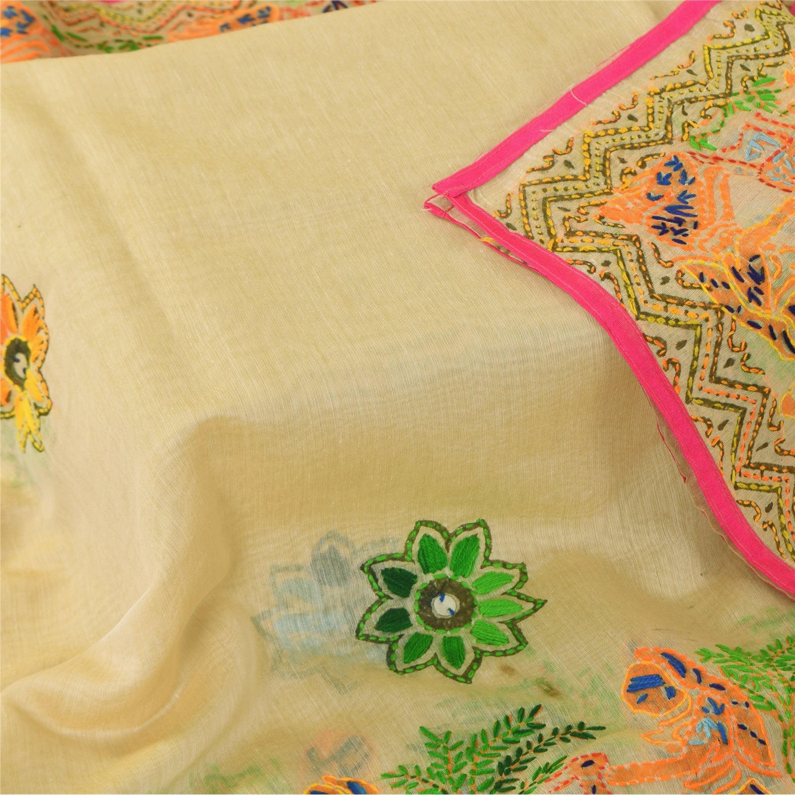 Sanskriti Vintage Ivory Dupatta Art Silk Hand Embroidered Kantha Stole Scarves