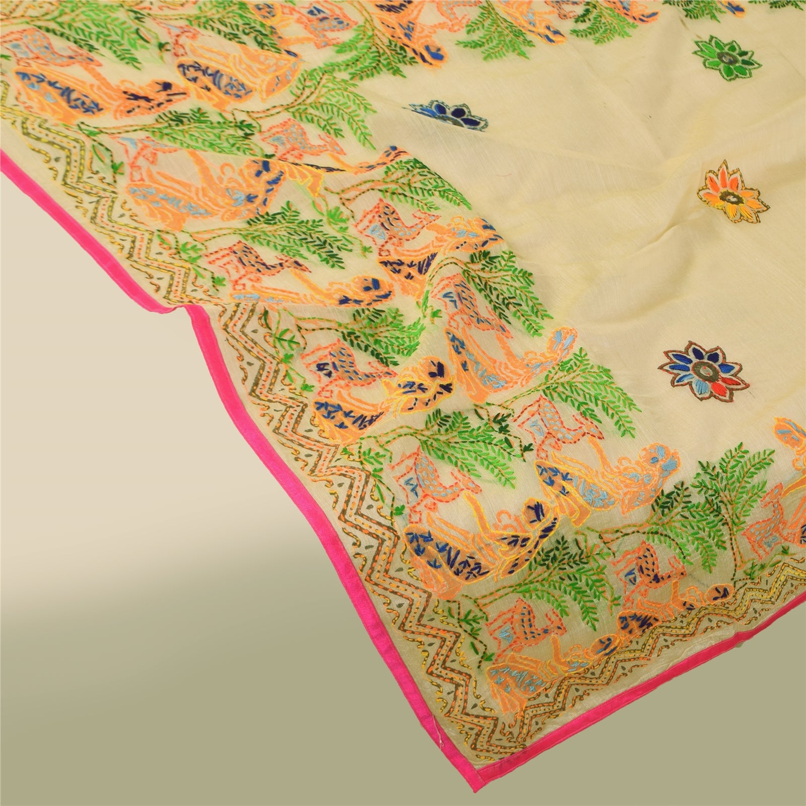 Sanskriti Vintage Ivory Dupatta Art Silk Hand Embroidered Kantha Stole Scarves