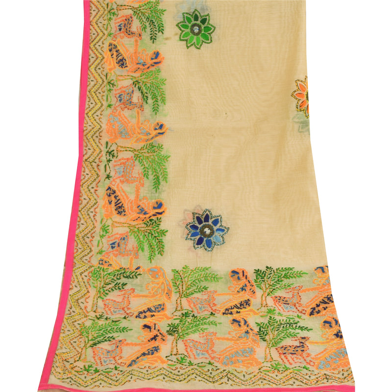 Sanskriti Vintage Ivory Art Silk Dupatta Hand Embroidered Kantha Stole Create Dresses, Kaftan, Skirt, Tops, Projects, Sewing