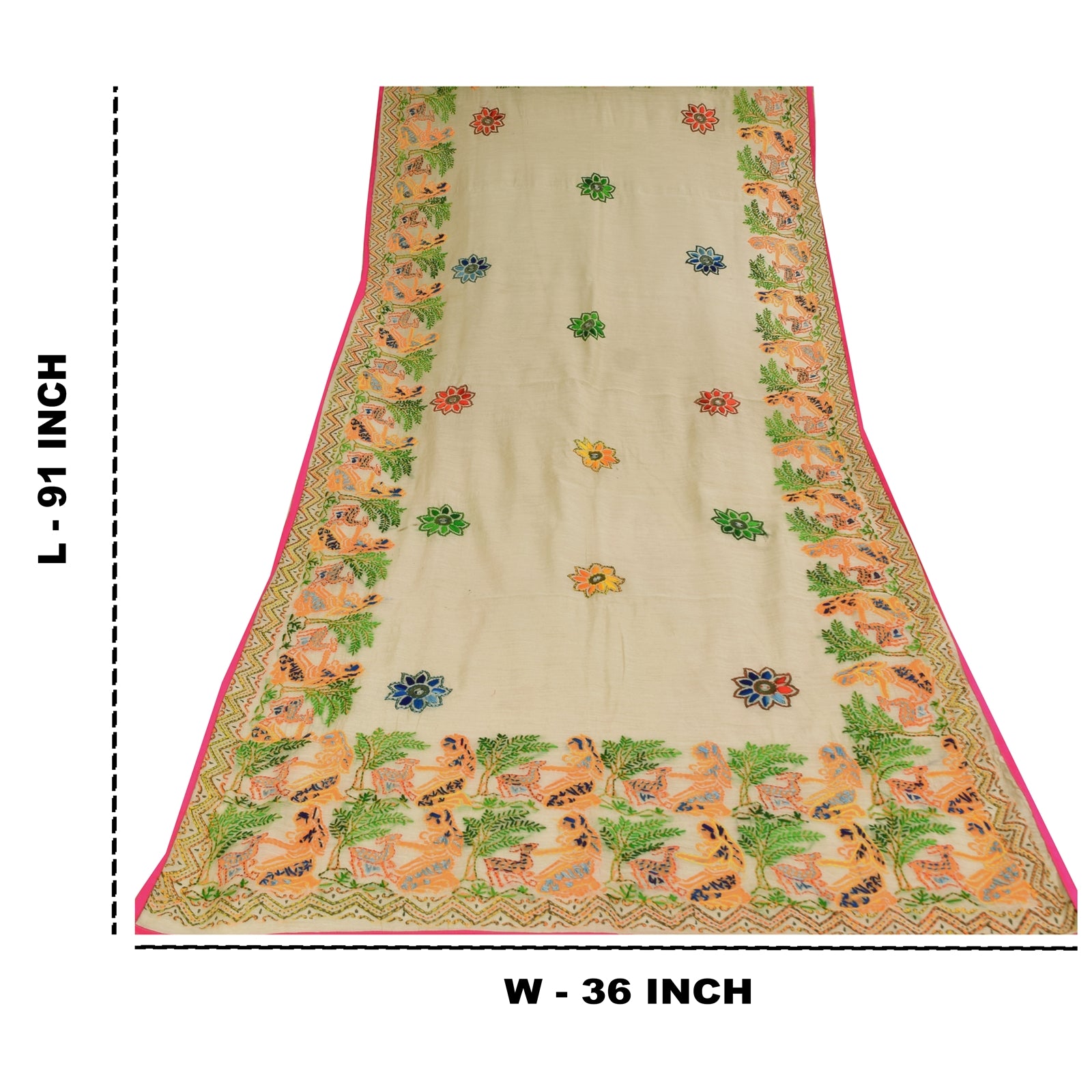 Sanskriti Vintage Ivory Dupatta Art Silk Hand Embroidered Kantha Stole Scarves