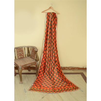 Sanskriti Vintage Dupatta Long Stole Red Blend Silk Ooak Handmade Bagh Phulkari Panjab Stole For Dressmaking,Craft Supplies,Upcycler