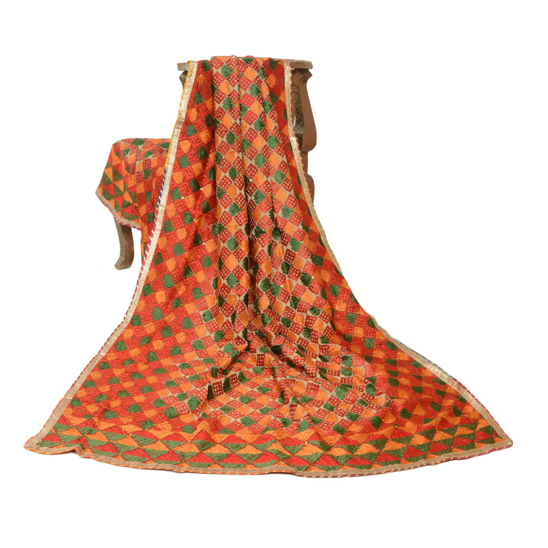 Sanskriti Vintage Dupatta Long Stole Red Blend Silk Ooak Handmade Bagh Phulkari Panjab Stole For Dressmaking,Craft Supplies,Upcycler